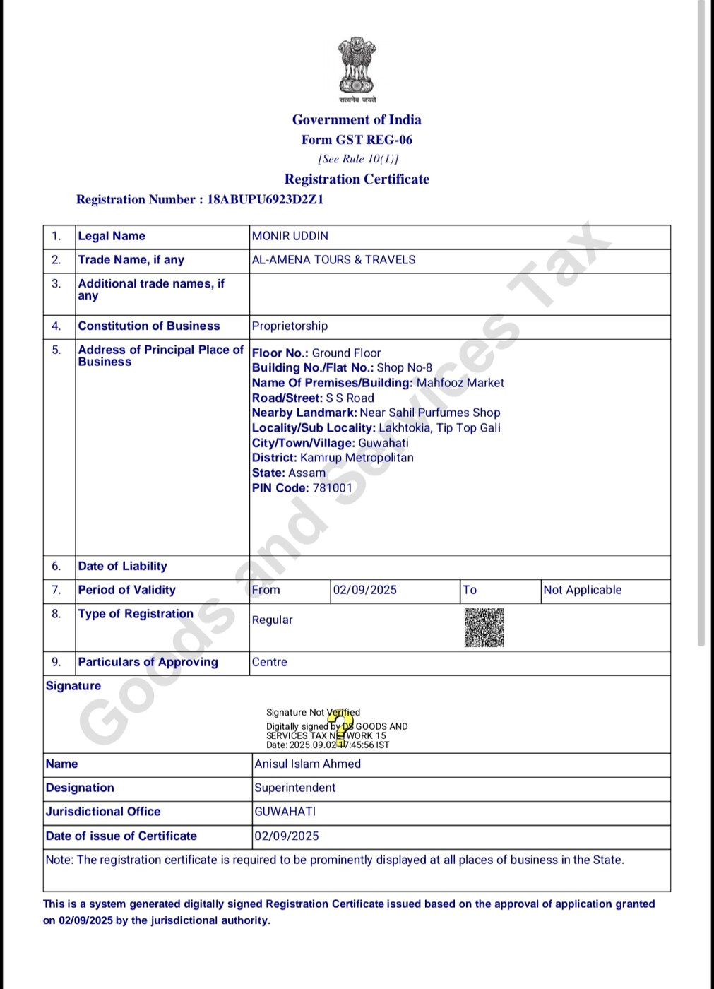 Al-Amena Tours & Travels Government of India GST Registration Certificate