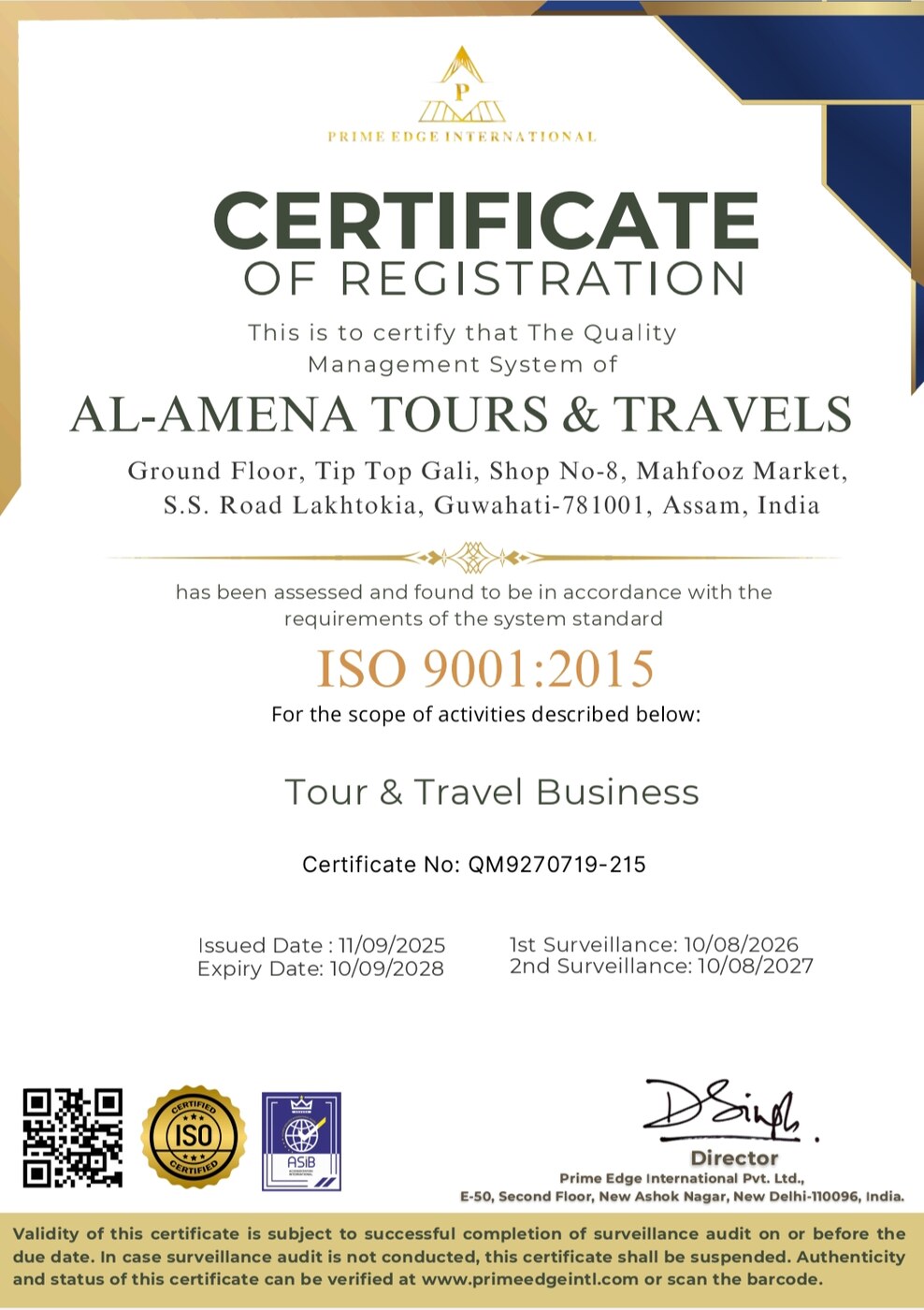 Al-Amena Tours & Travels ISO 9001:2015 Certificate of Registration